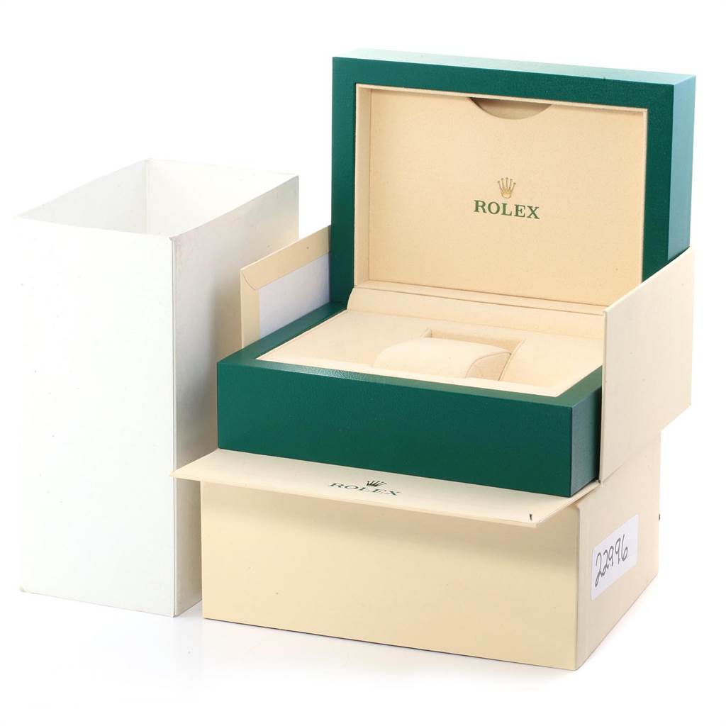 The image shows the open, empty packaging of a Rolex Datejust 116334 Men's Stainless Steel Black Dial 116334 Men's Stainless Steel Black Dial watch, including the inner and outer boxes.
