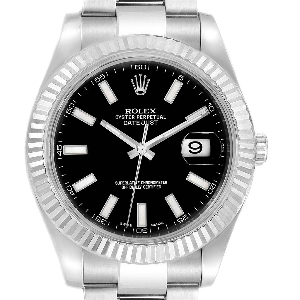 This image displays a front view of a Datejust model by Rolex, showing the dial, bezel, and part of the bracelet.
