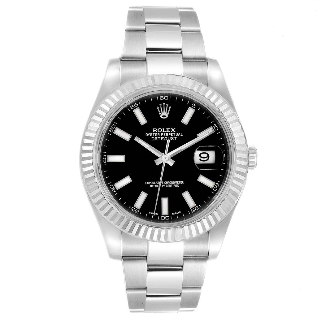 The image shows a frontal view of a Rolex Datejust 116334 Men's Stainless Steel Black Dial 116334 Men's Stainless Steel Black Dial watch, featuring its black dial, fluted bezel, and stainless steel bracelet.