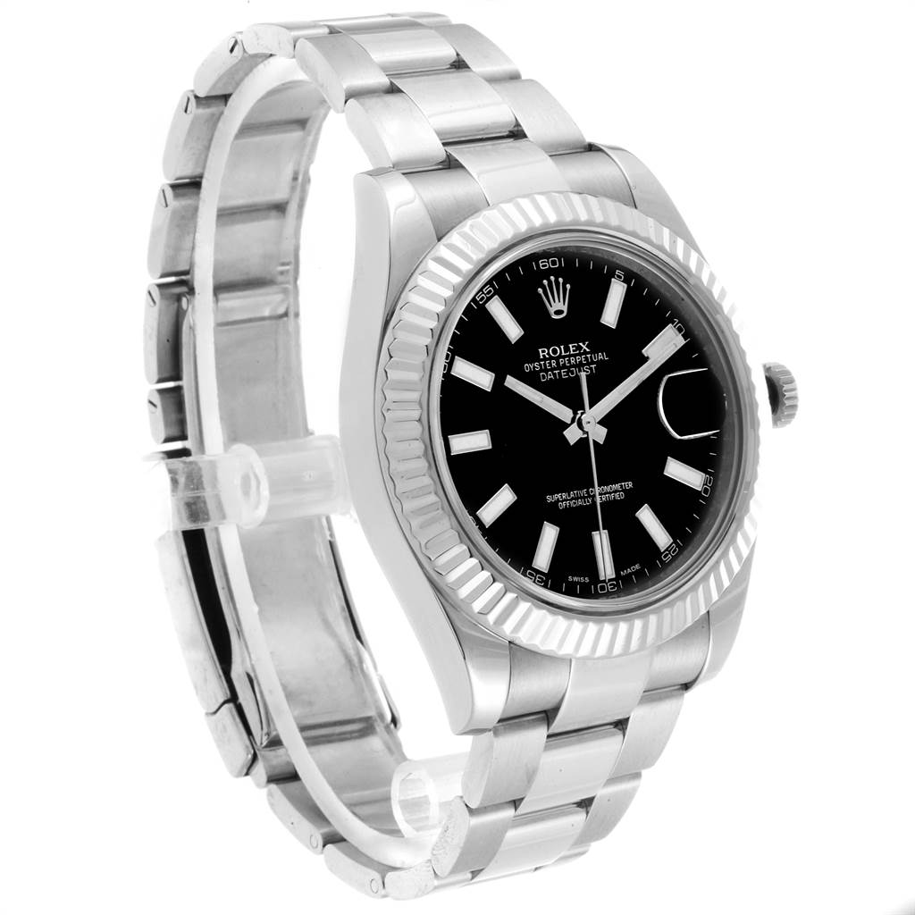 The image shows a side angle of the Rolex Datejust 116334 Men's Stainless Steel Black Dial 116334 Men's Stainless Steel Black Dial watch, highlighting the black dial, bracelet, and fluted bezel.