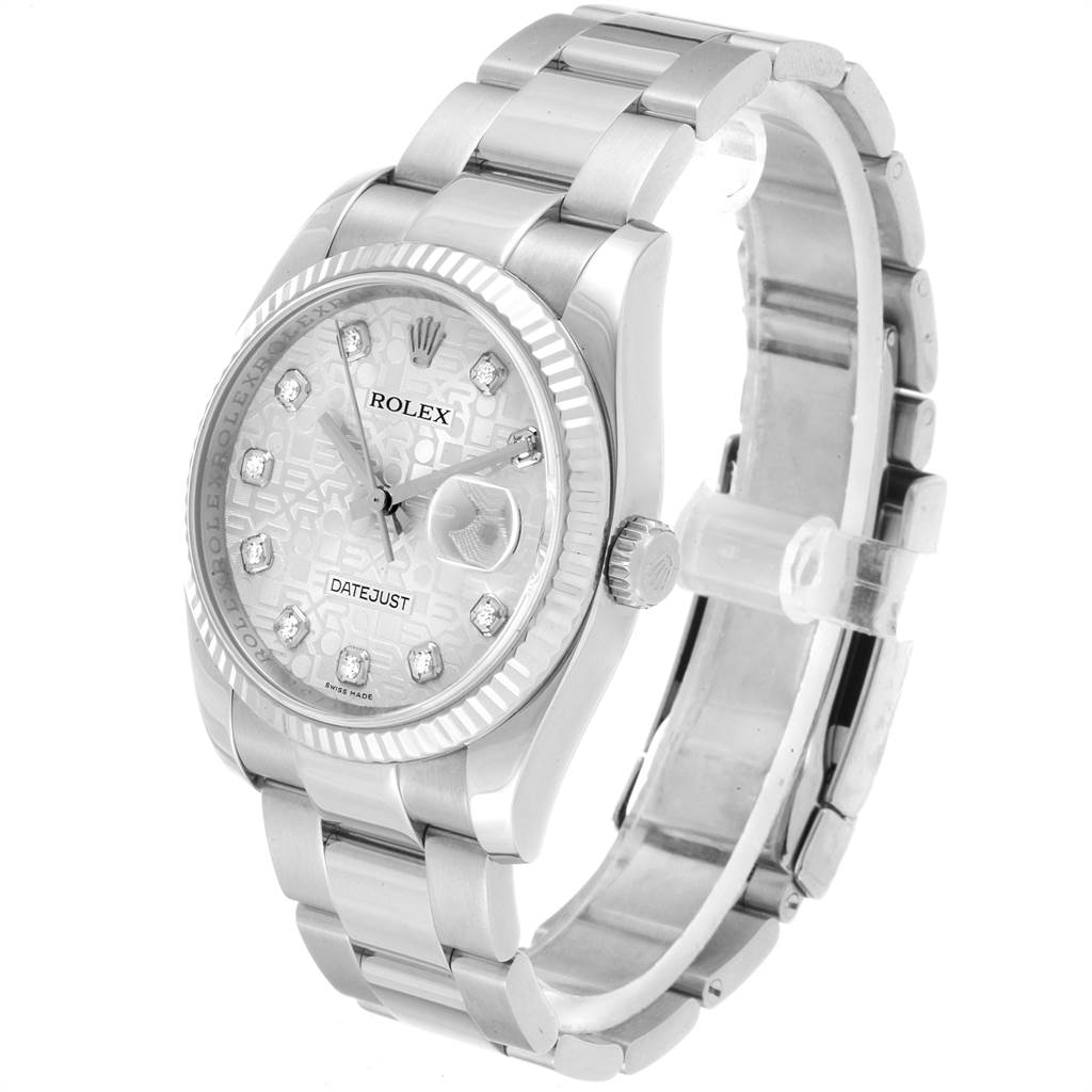 The Rolex Datejust 116234 Men's Stainless Steel Silver Dial 116234 Men's Stainless Steel Silver Dial watch is shown at a slight angle, displaying the face, bezel, crown, and bracelet.