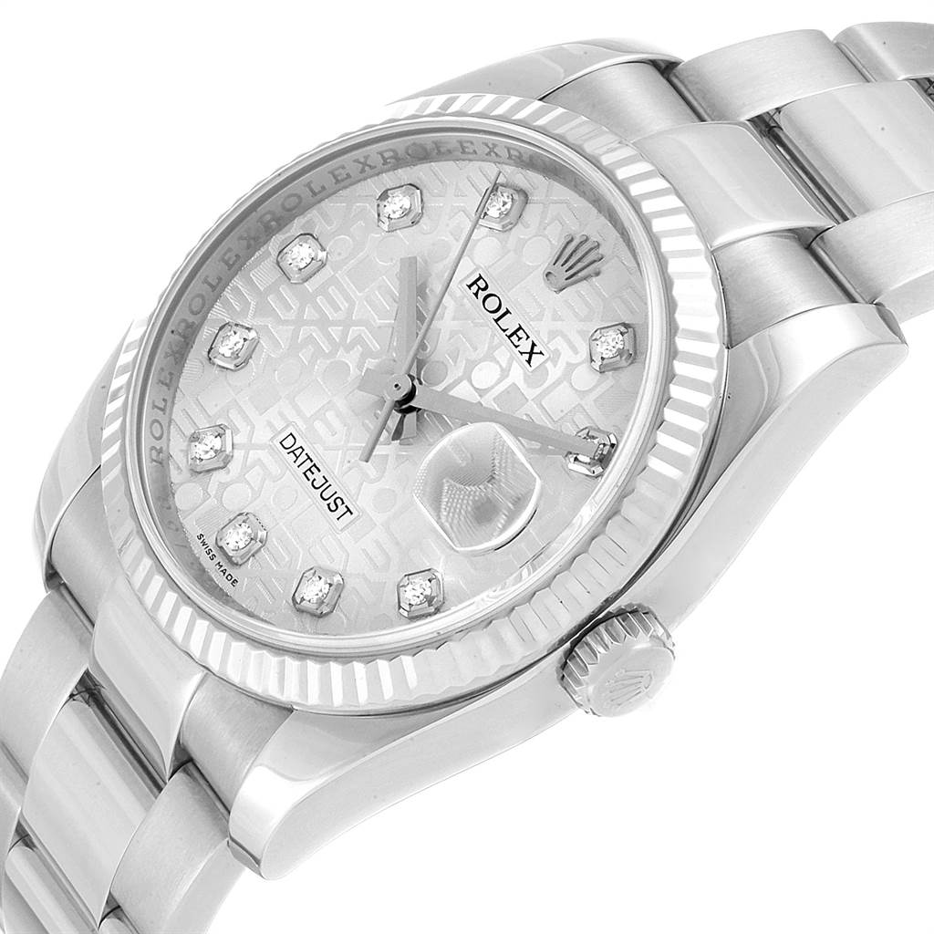 This is a Rolex Datejust 116234 Men's Stainless Steel Silver Dial 116234 Men's Stainless Steel Silver Dial watch shown at a slight angle, highlighting the dial, case, bezel, and part of the bracelet.