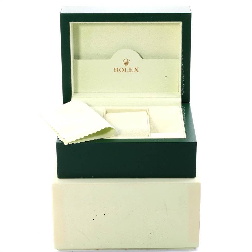 The image shows an open Rolex Datejust 116234 Men's Stainless Steel Silver Dial 116234 Men's Stainless Steel Silver Dial watch box with a cleaning cloth inside the box.