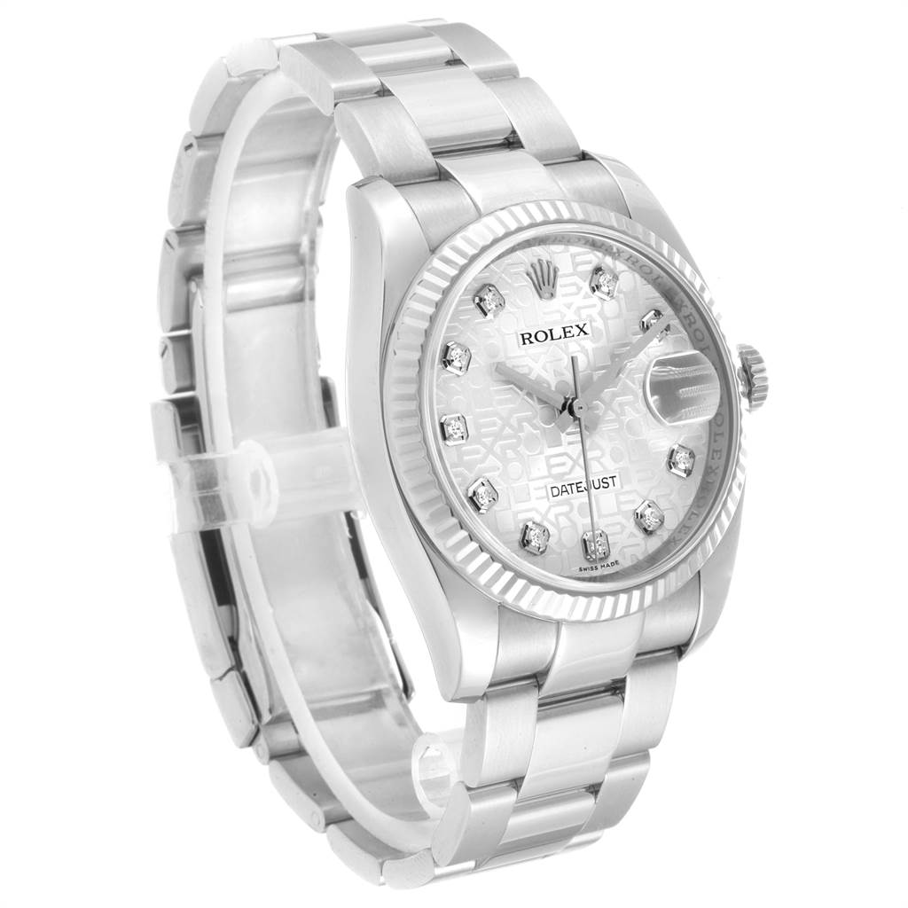 The Rolex Datejust 116234 Men's Stainless Steel Silver Dial 116234 Men's Stainless Steel Silver Dial is shown at a slight angle, highlighting the bracelet, case, fluted bezel, and the diamond-hour markers on the dial.