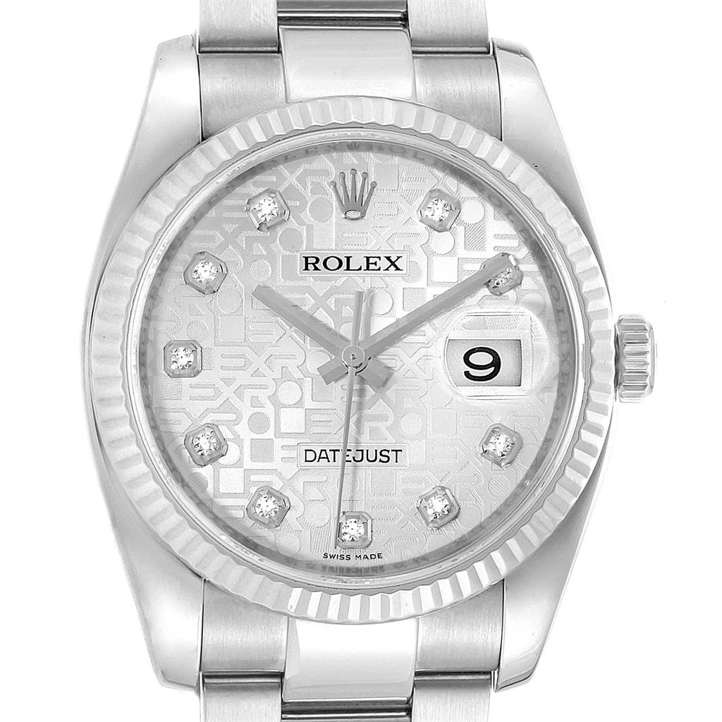 This image shows a front view of a Rolex Datejust 116234 Men's Stainless Steel Silver Dial 116234 Men's Stainless Steel Silver Dial watch, highlighting the dial, hands, crown, and date window.