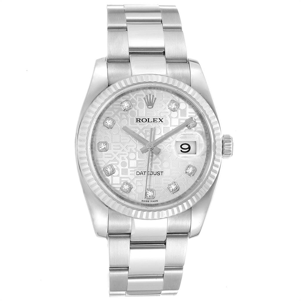 This image shows a frontal view of a Rolex Datejust 116234 Men's Stainless Steel Silver Dial 116234 Men's Stainless Steel Silver Dial watch, highlighting its dial, bezel, and bracelet.
