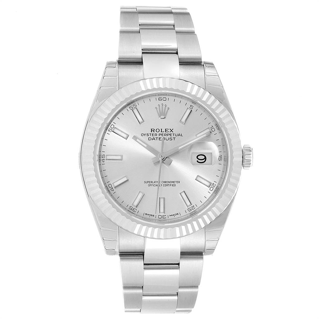 The image shows a Rolex Datejust 126334 Men
s Stainless Steel Silver Dial 126334 Men
s Stainless Steel Silver Dial watch from a front view, displaying the dial, bezel, case, and bracelet.