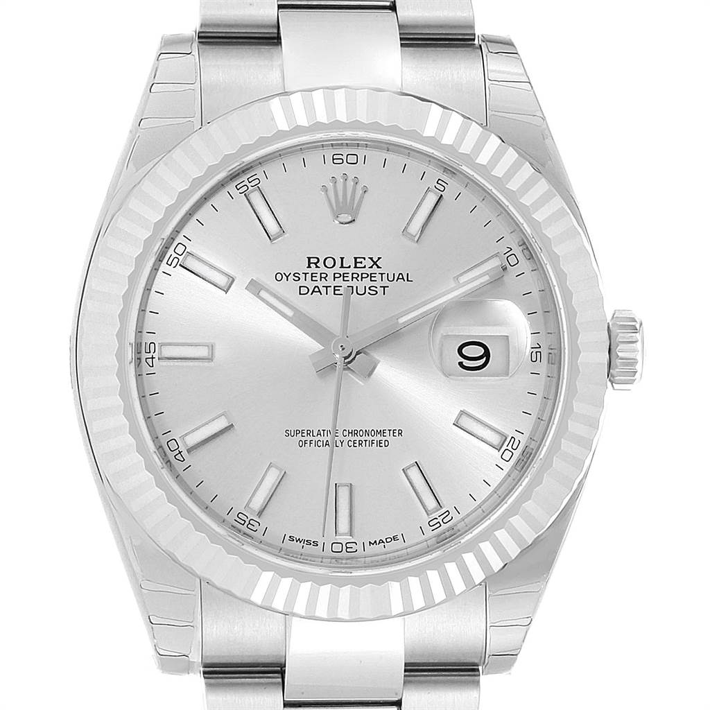 This is a frontal view of the Rolex Datejust 126334 Men
s Stainless Steel Silver Dial 126334 Men
s Stainless Steel Silver Dial watch showcasing its dial, bezel, and part of the bracelet.