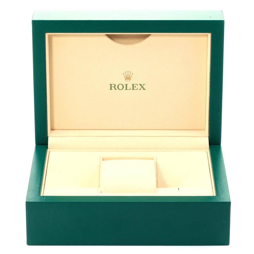 This is an empty Rolex Datejust 126334 Men
s Stainless Steel Silver Dial 126334 Men
s Stainless Steel Silver Dial watch box shown from the front, with the lid open displaying the inner compartment.