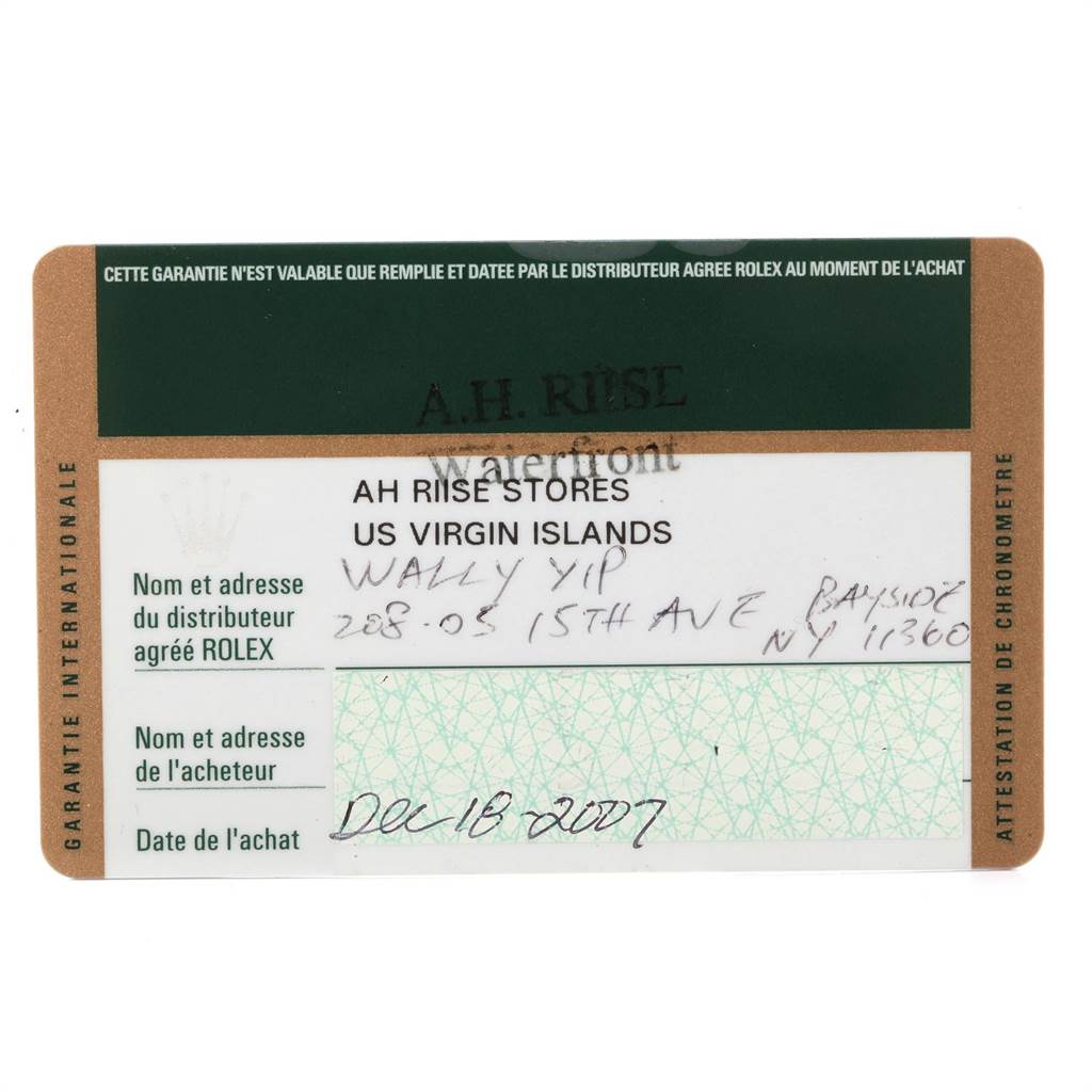 This image shows the warranty card for a Rolex Datejust 116233 Men
s Steel and Gold (two tone) Blue Dial 116233 Men
s Steel and Gold (two tone) Blue Dial watch, including distributor and buyer information.