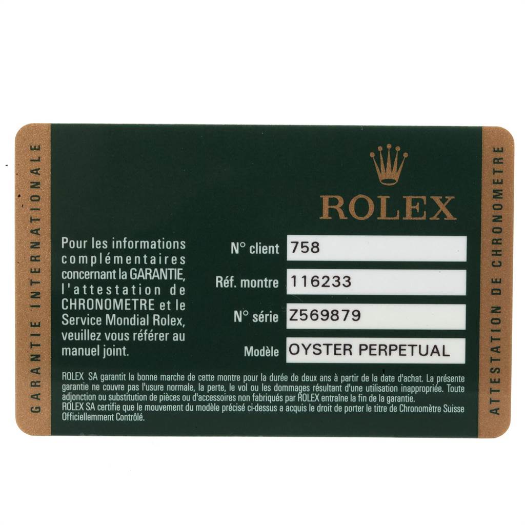 The image shows a warranty card for a Rolex Datejust 116233 Men
s Steel and Gold (two tone) Blue Dial 116233 Men
s Steel and Gold (two tone) Blue Dial model with reference number 116233.
