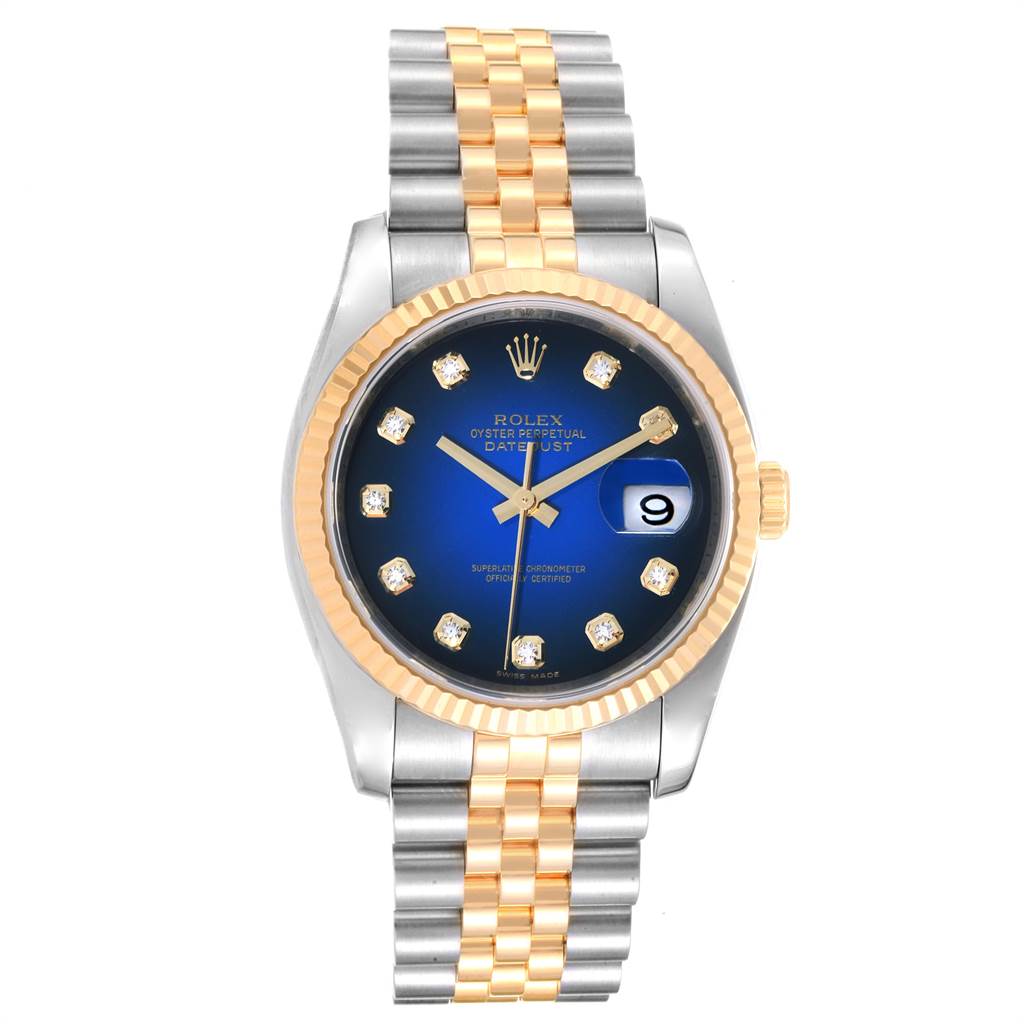 The image shows a Rolex Datejust 116233 Men
s Steel and Gold (two tone) Blue Dial 116233 Men
s Steel and Gold (two tone) Blue Dial watch with a two-tone bracelet, fluted bezel, and blue dial featuring diamond hour markers.