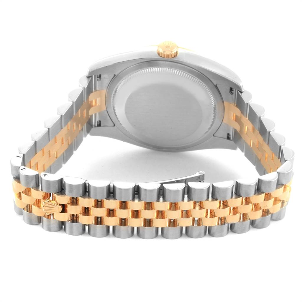 The image shows the back case and jubilee bracelet of the Rolex Datejust 116233 Men
s Steel and Gold (two tone) Blue Dial 116233 Men
s Steel and Gold (two tone) Blue Dial watch from a bottom angle.