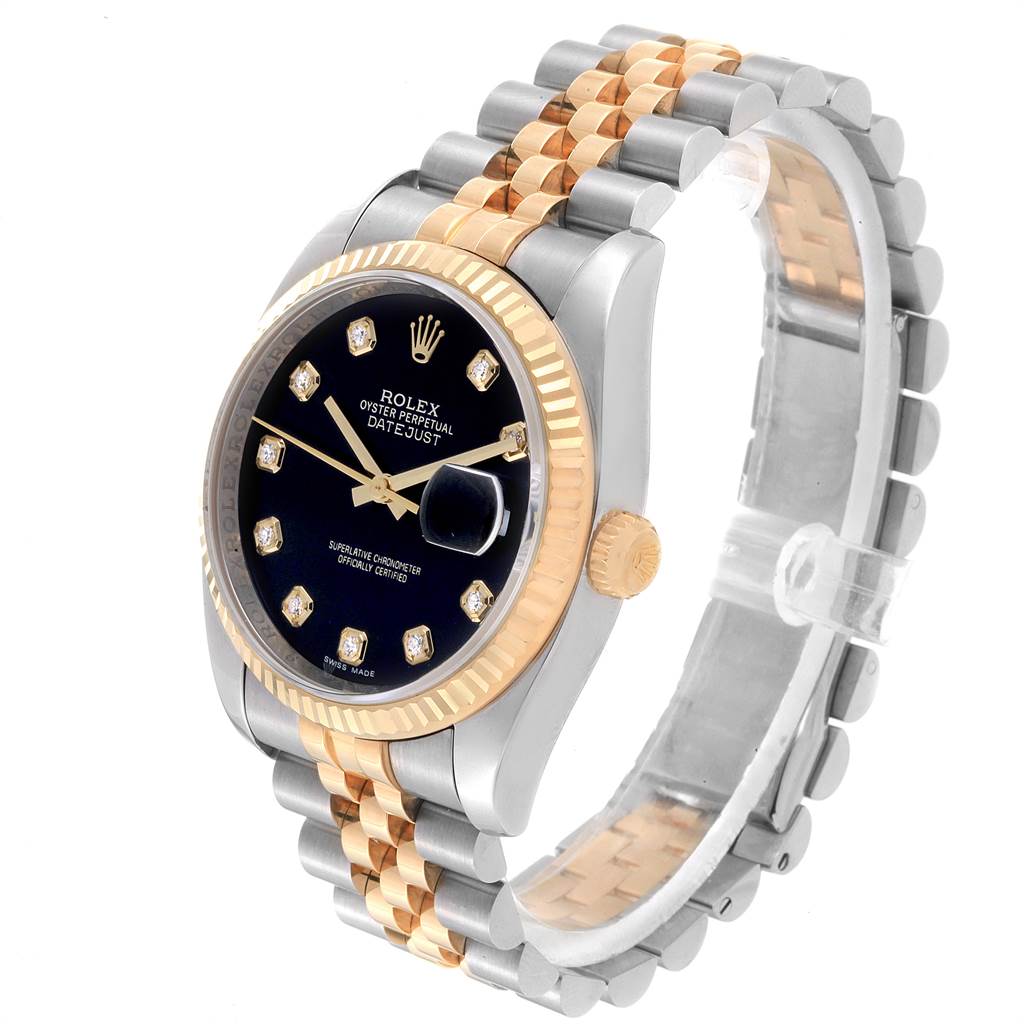 This image shows a side view of the Rolex Datejust 116233 Men's Stainless Steel Black Dial 116233 Men's Stainless Steel Black Dial watch, highlighting the bi-color bracelet and black dial with diamond markers.