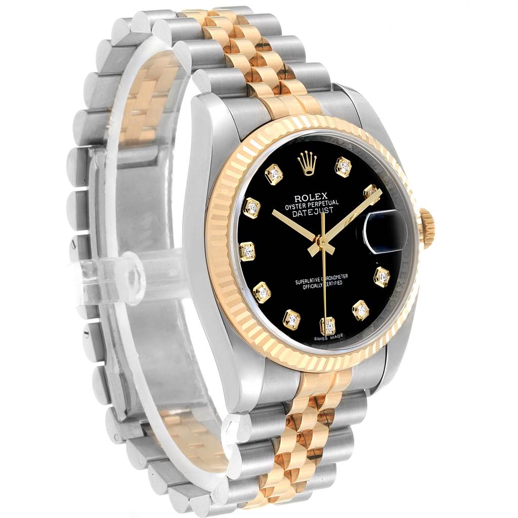 The Rolex Datejust 116233 Men's Stainless Steel Black Dial 116233 Men's Stainless Steel Black Dial watch is shown at a slight angle from the front, highlighting its black dial, diamond hour markers, two-tone bracelet, and fluted bezel.