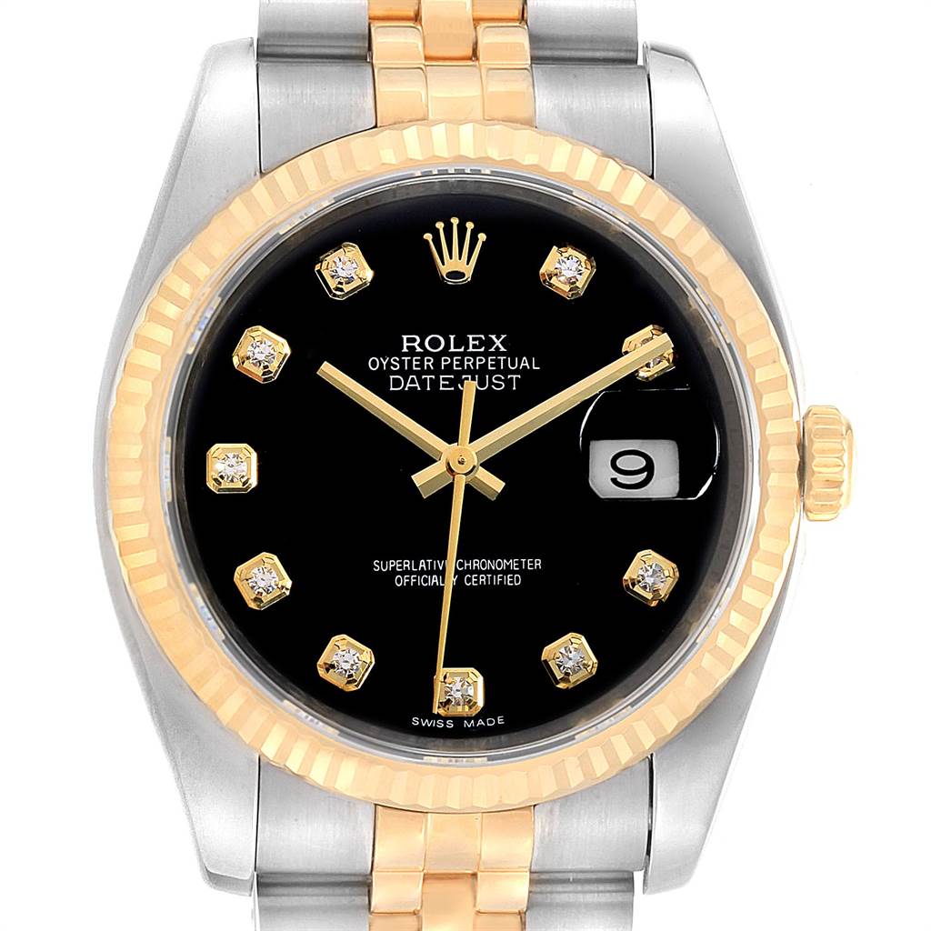 This image shows a front view of a Rolex Datejust 116233 Men's Stainless Steel Black Dial 116233 Men's Stainless Steel Black Dial watch displaying the dial, bezel, hands, and part of the bracelet.