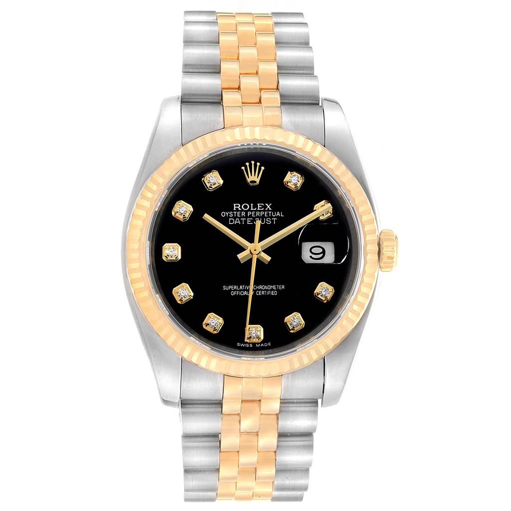 The Rolex Datejust 116233 Men's Stainless Steel Black Dial 116233 Men's Stainless Steel Black Dial watch is shown from a top-down angle, highlighting its black dial, jubilee bracelet, and fluted bezel.
