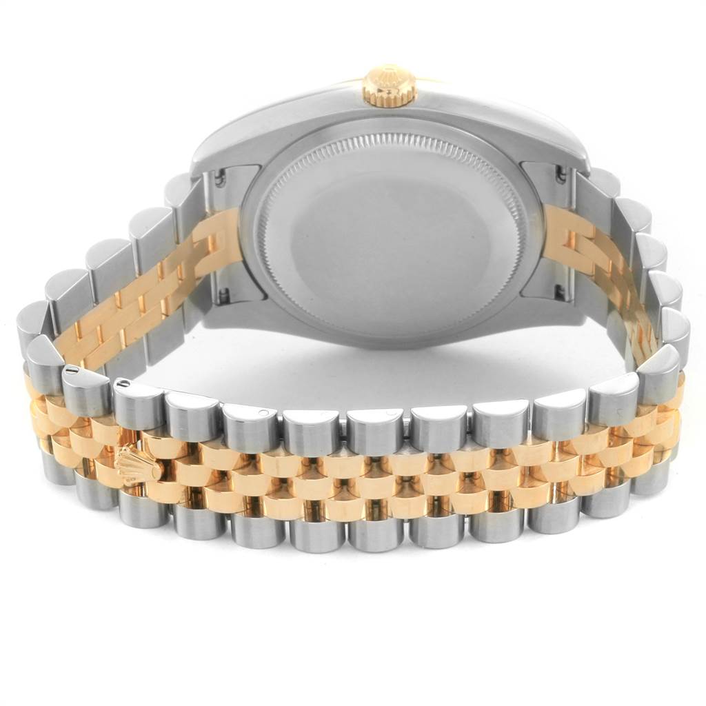 This image shows the back view of a Rolex Datejust 116233 Men's Stainless Steel Black Dial 116233 Men's Stainless Steel Black Dial watch, highlighting its case, crown, and two-tone bracelet.