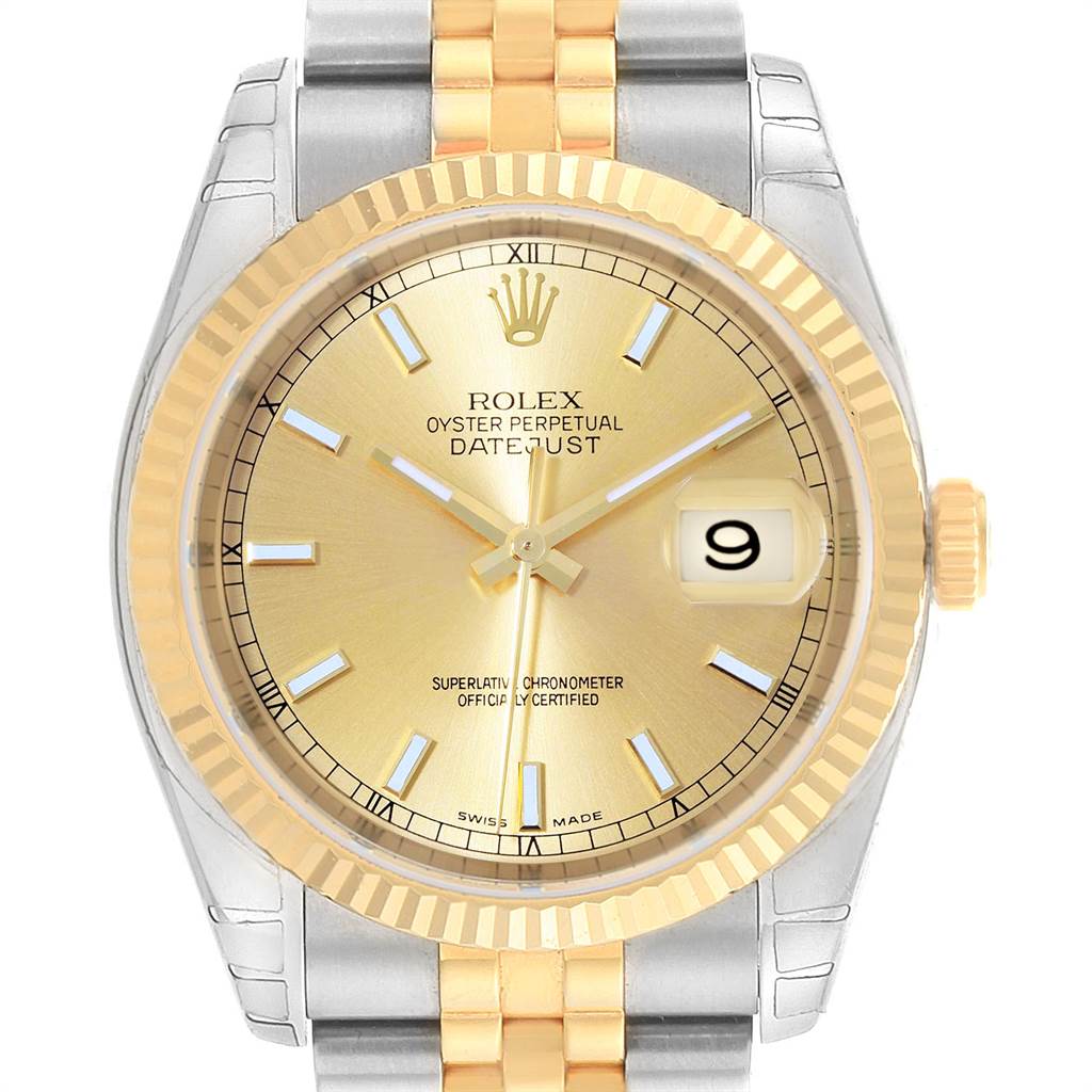 This image shows a front view of the Rolex Datejust 116233 Men's Stainless Steel Champagne Dial 116233 Men's Stainless Steel Champagne Dial watch, highlighting its gold and silver bezel, gold dial, and Jubilee bracelet.