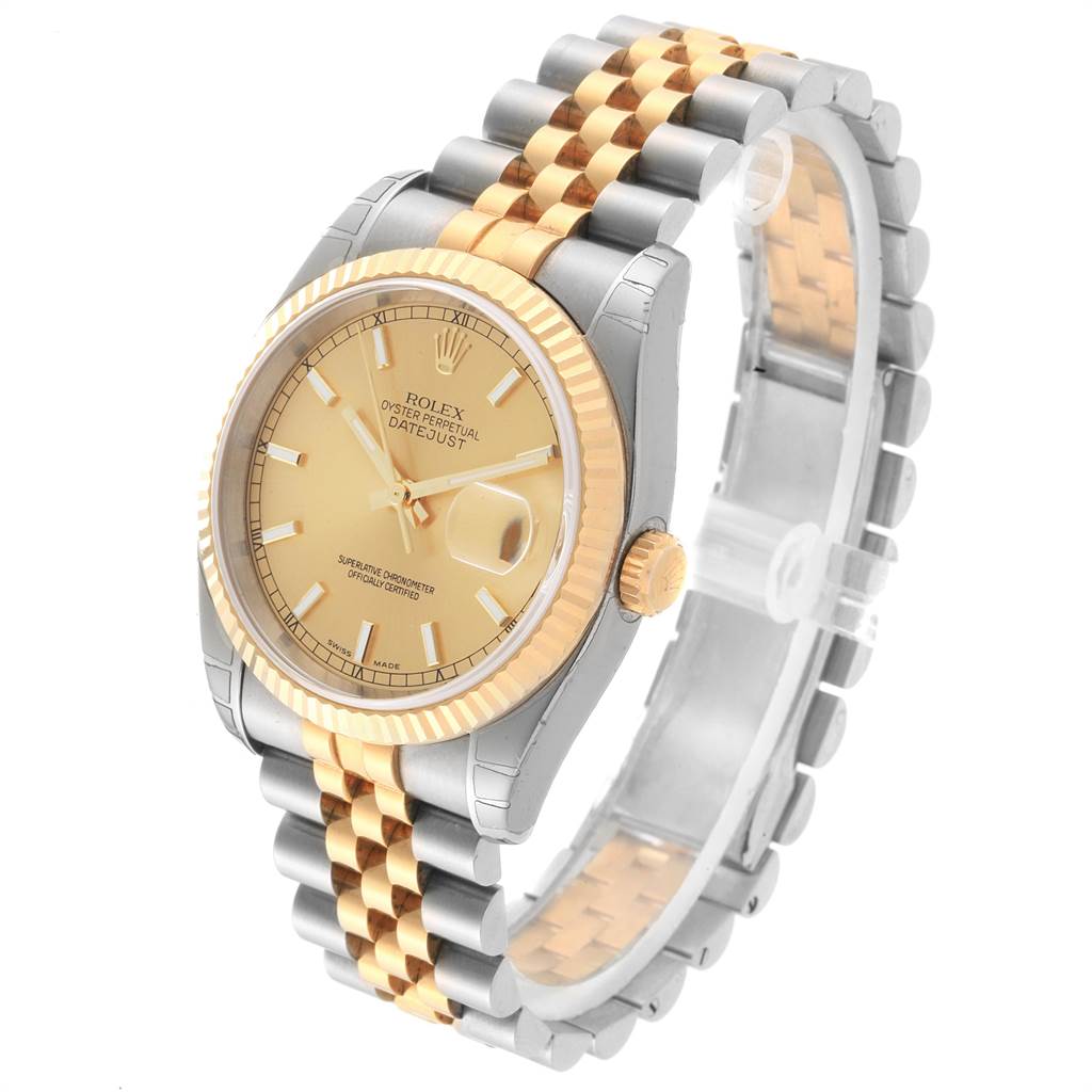 The image shows a side and front angle of a Rolex Datejust 116233 Men's Stainless Steel Champagne Dial 116233 Men's Stainless Steel Champagne Dial watch, highlighting its dial, bezel, crown, and two-tone bracelet.