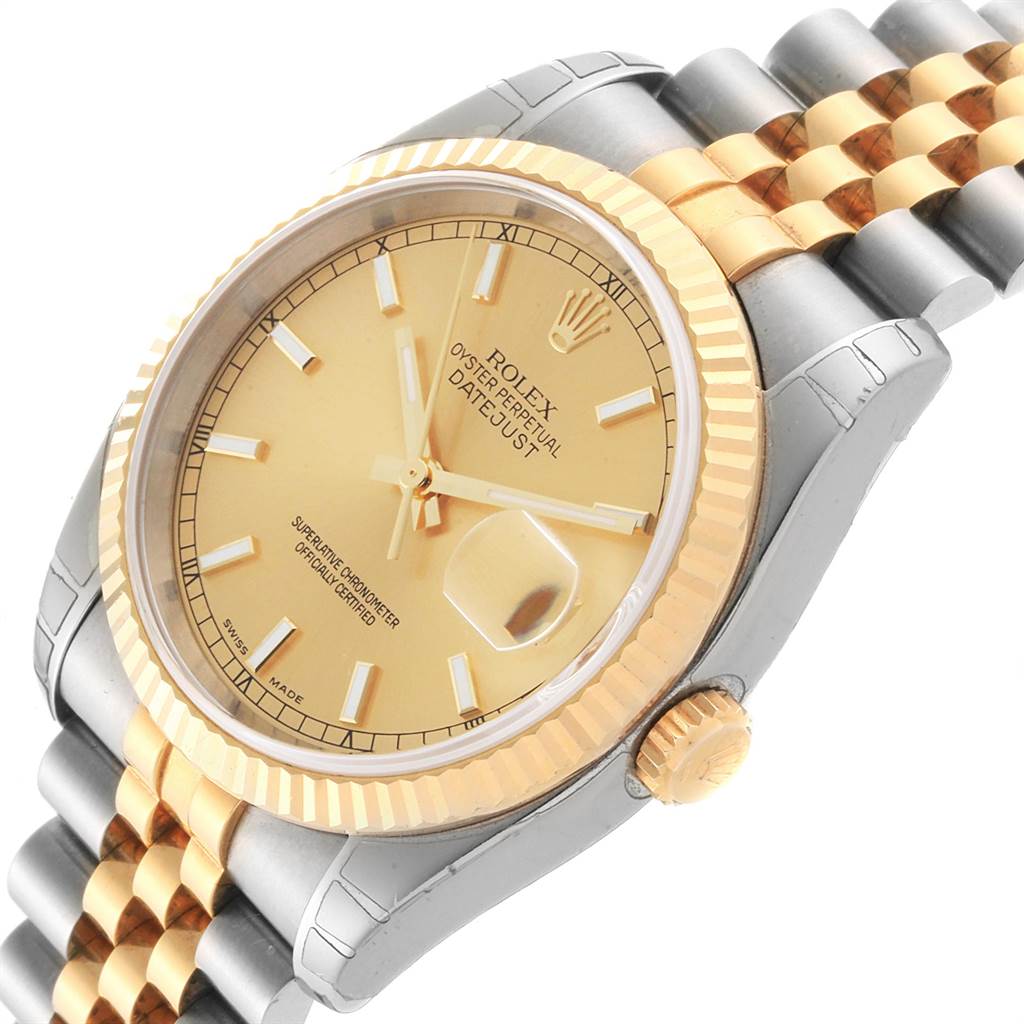 The image shows a Rolex Datejust 116233 Men's Stainless Steel Champagne Dial 116233 Men's Stainless Steel Champagne Dial watch angled from the front-right, displaying the dial, bezel, crown, and bracelet.