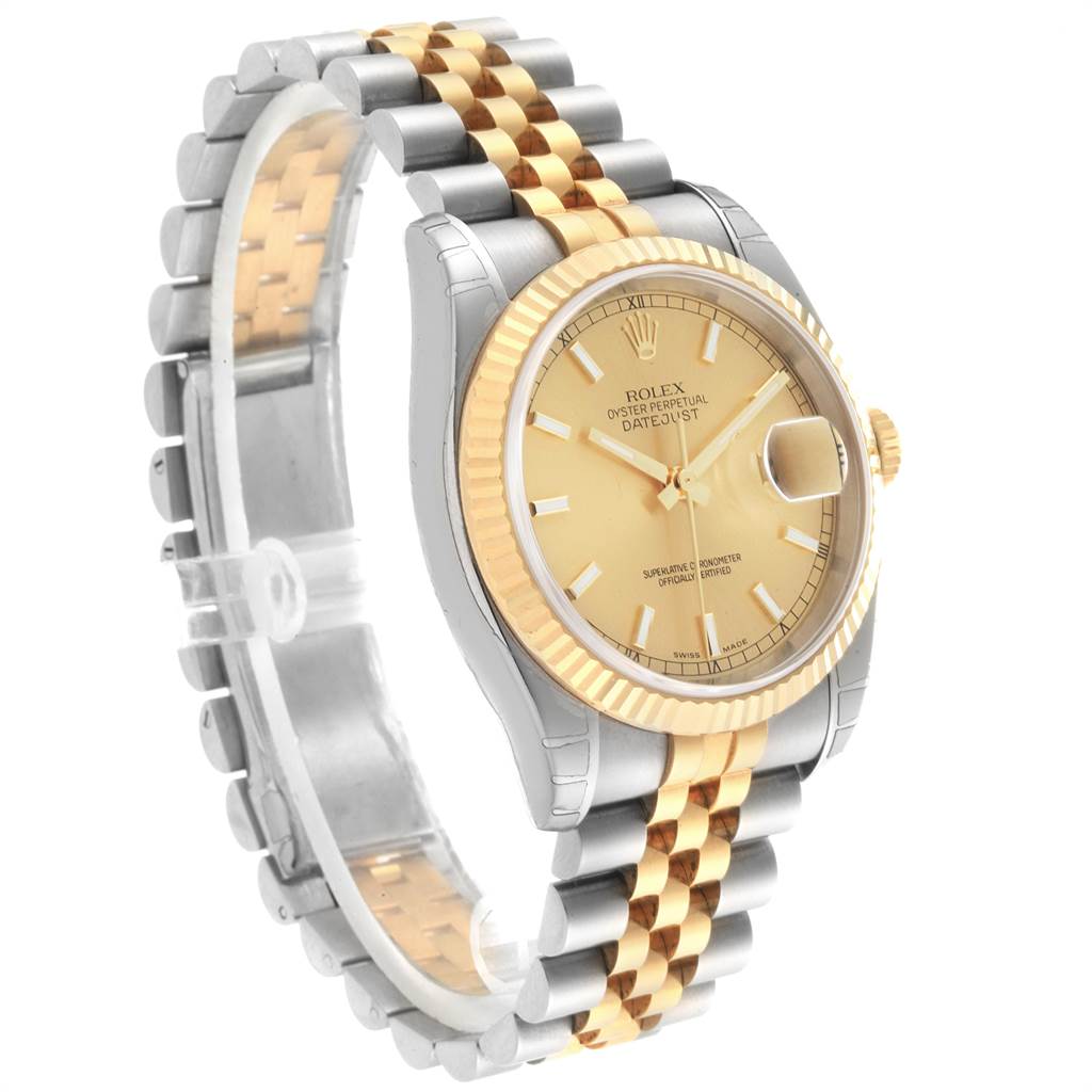 The image shows a Rolex Datejust 116233 Men's Stainless Steel Champagne Dial 116233 Men's Stainless Steel Champagne Dial model at a three-quarter angle, highlighting its gold and silver bracelet and champagne dial.