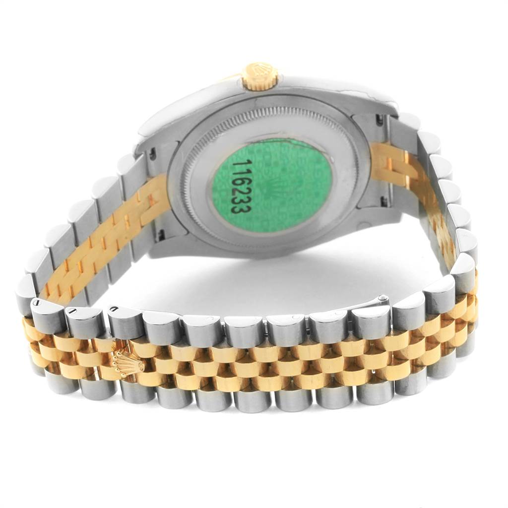 The image shows the back and bracelet of a Rolex Datejust 116233 Men's Stainless Steel Champagne Dial 116233 Men's Stainless Steel Champagne Dial watch, highlighting the model number, clasp, and two-tone design.