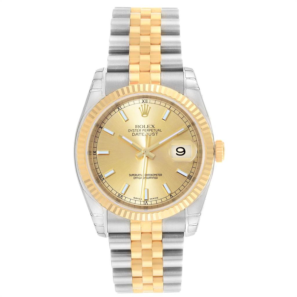 The image shows a front view of a Rolex Datejust 116233 Men's Stainless Steel Champagne Dial 116233 Men's Stainless Steel Champagne Dial watch, highlighting its dial, bezel, and two-tone bracelet.