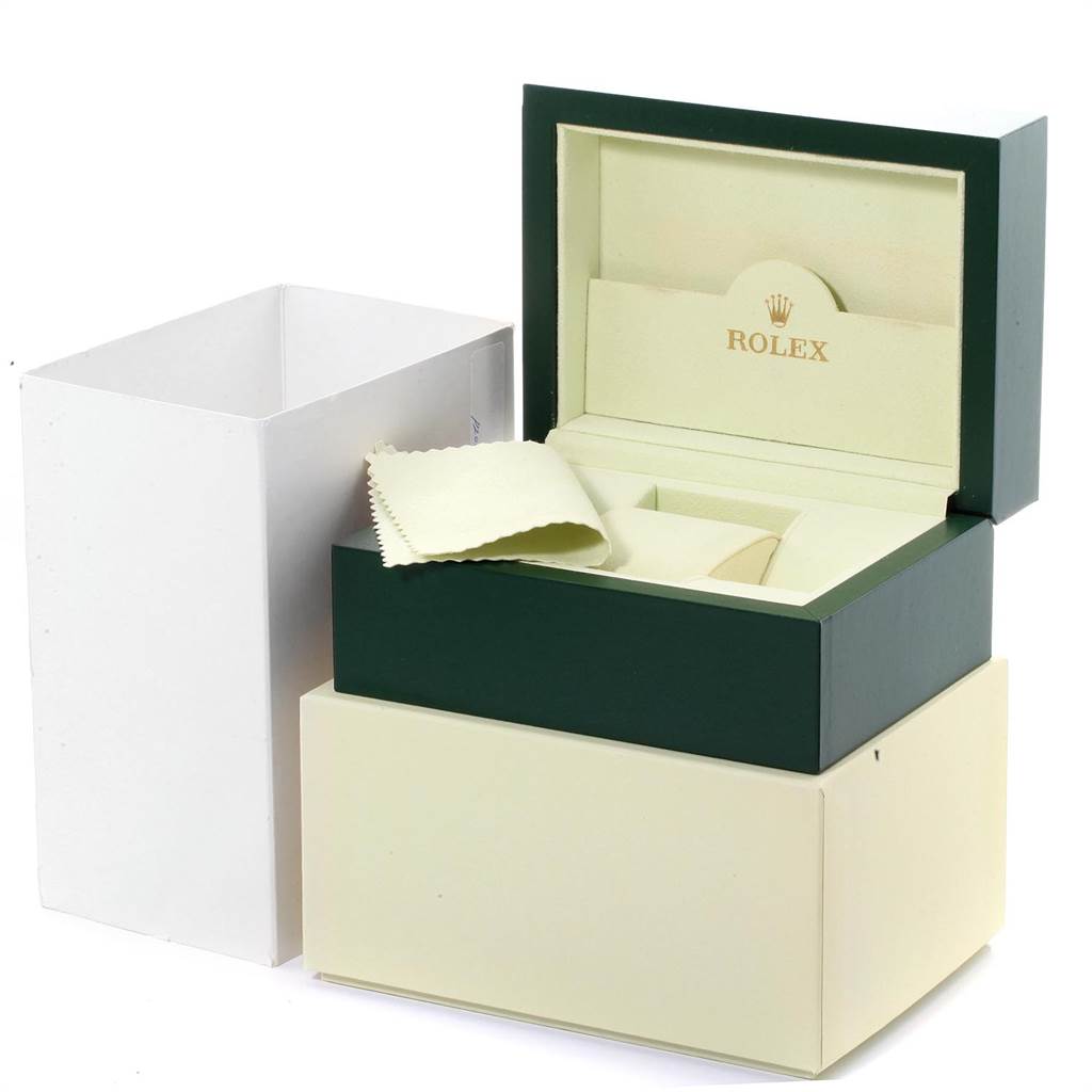 The image shows the opened packaging box for a Rolex Datejust 116233 Men's Stainless Steel Champagne Dial 116233 Men's Stainless Steel Champagne Dial watch, including a cloth and cushion.
