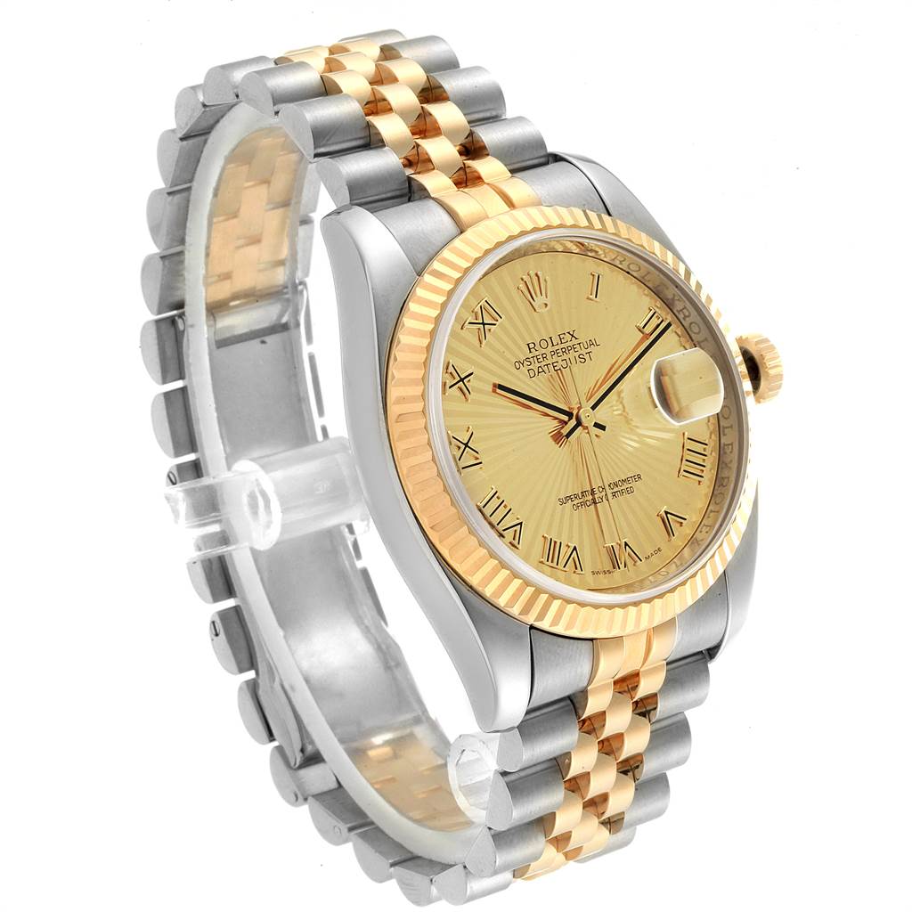 The image shows a side angle of a Rolex Datejust 116233 Men's Stainless Steel Champagne Dial 116233 Men's Stainless Steel Champagne Dial watch, highlighting its gold and silver jubilee bracelet and fluted bezel.
