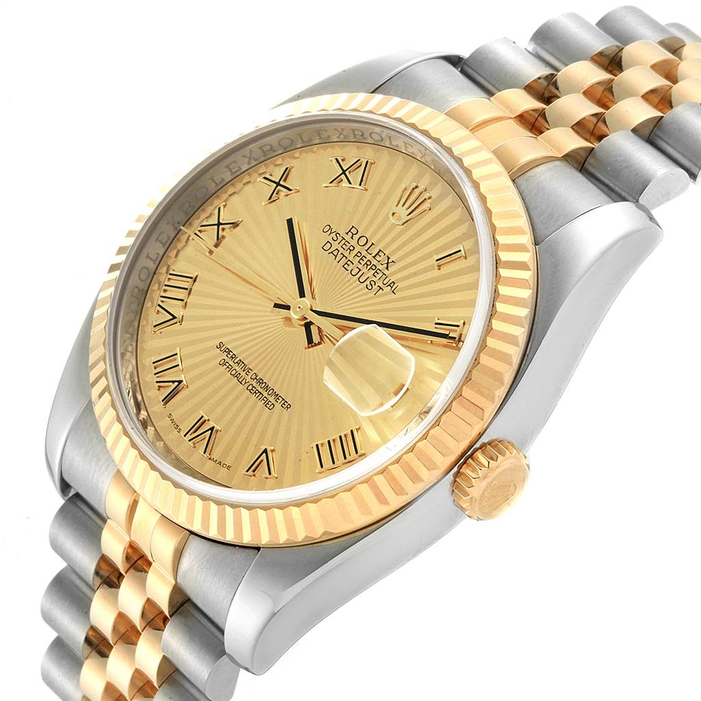 The image shows a Rolex Datejust 116233 Men's Stainless Steel Champagne Dial 116233 Men's Stainless Steel Champagne Dial watch at an angled side view, highlighting the dial, bezel, crown, and part of the bracelet.