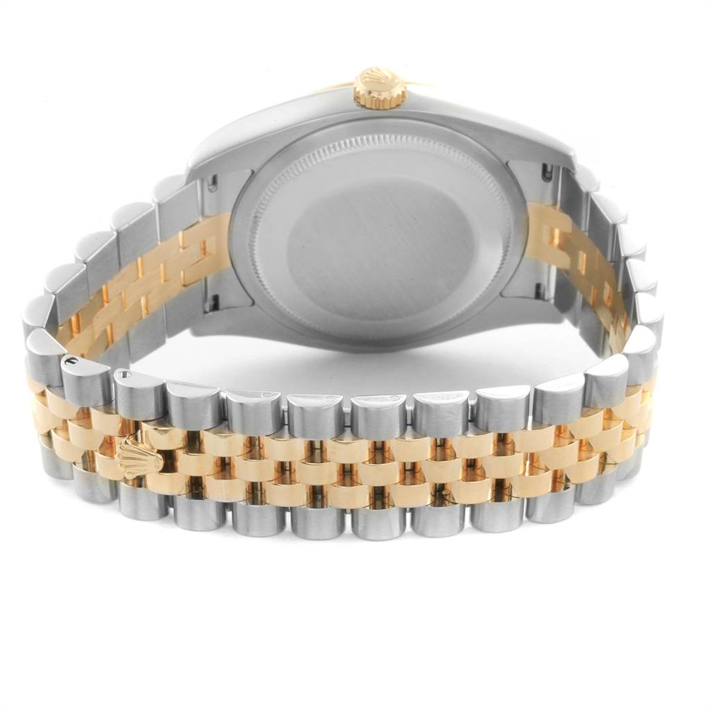 The image shows the back view of a Rolex Datejust 116233 Men's Stainless Steel Champagne Dial 116233 Men's Stainless Steel Champagne Dial watch, highlighting the case back and the two-tone Jubilee bracelet.