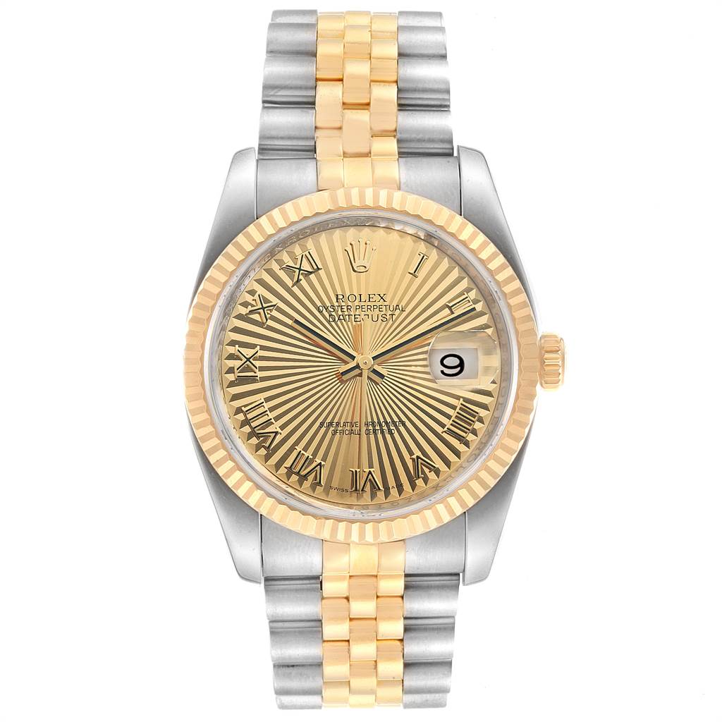 The Rolex Datejust 116233 Men's Stainless Steel Champagne Dial 116233 Men's Stainless Steel Champagne Dial watch is shown from a top-down angle, highlighting its gold dial, fluted bezel, and two-tone Jubilee bracelet.