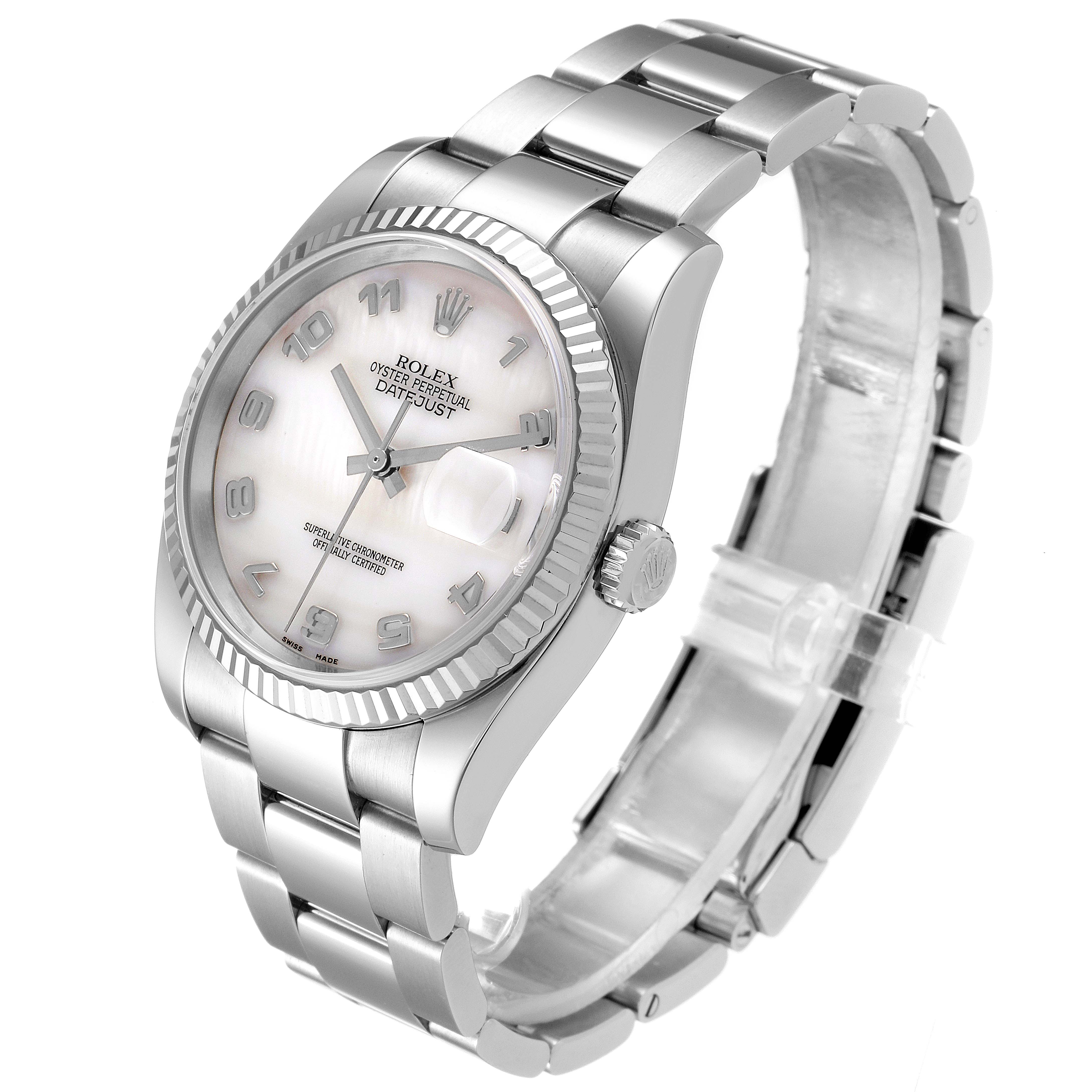 The Rolex Datejust 116234 Men
s Stainless Steel Mother of Pearl Dial 116234 Men
s Stainless Steel Mother of Pearl Dial watch is shown at a slight angle, highlighting the dial, bezel, crown, and bracelet.