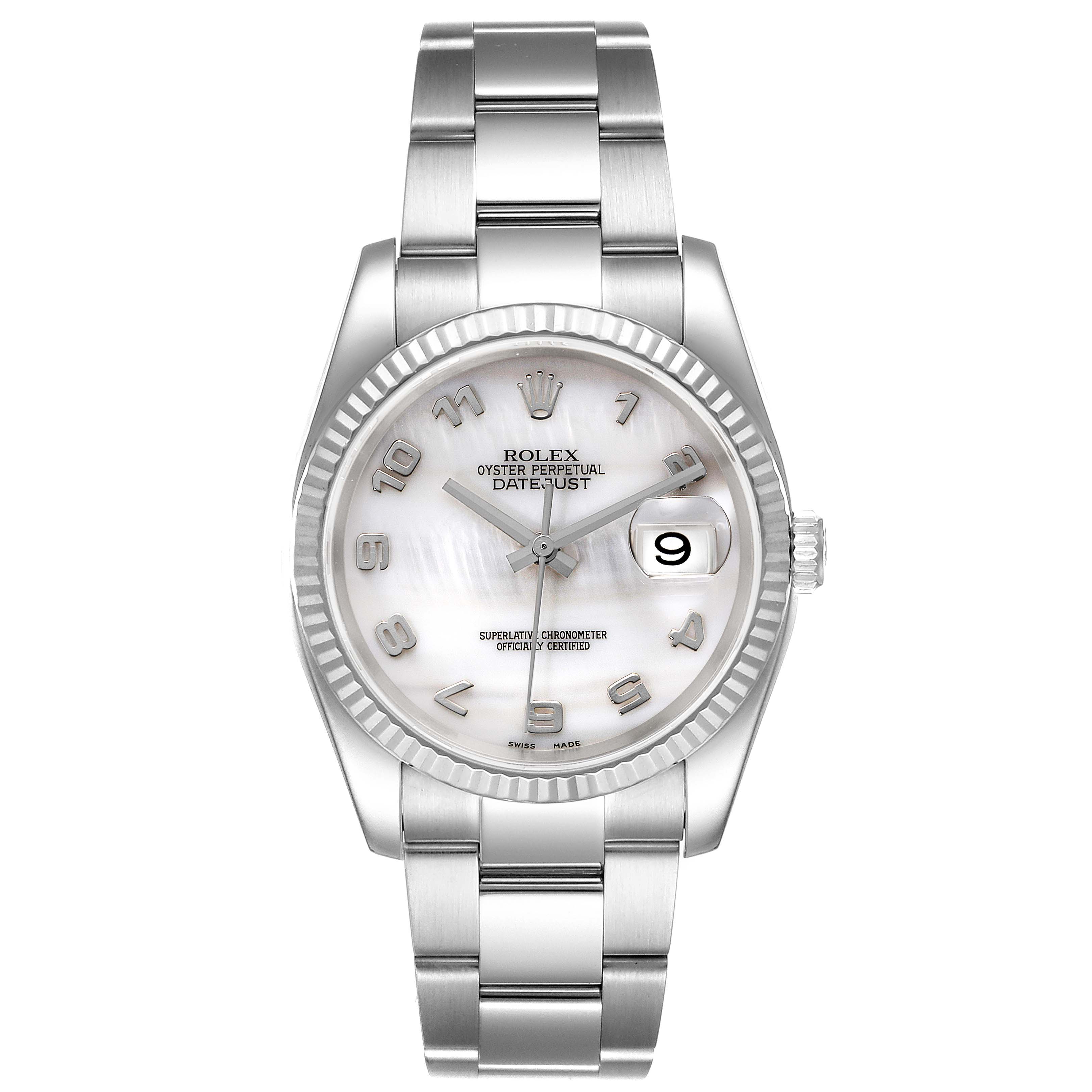 The image shows a front view of the Rolex Datejust 116234 Men
s Stainless Steel Mother of Pearl Dial 116234 Men
s Stainless Steel Mother of Pearl Dial watch, highlighting the face, bracelet, and fluted bezel.