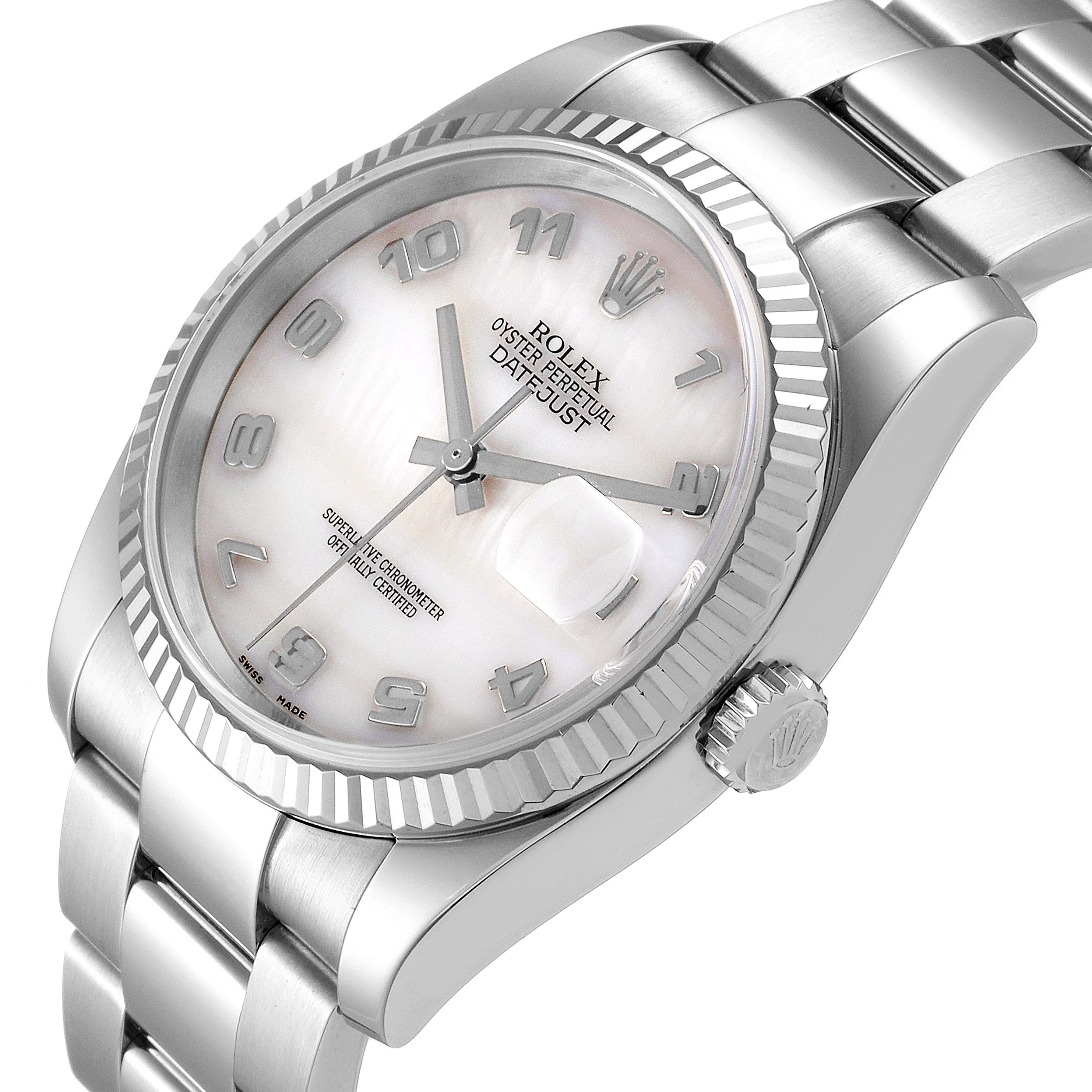 The image shows an angled view of the Rolex Datejust 116234 Men
s Stainless Steel Mother of Pearl Dial 116234 Men
s Stainless Steel Mother of Pearl Dial watch, clearly displaying the face, bezel, bracelet, and crown.