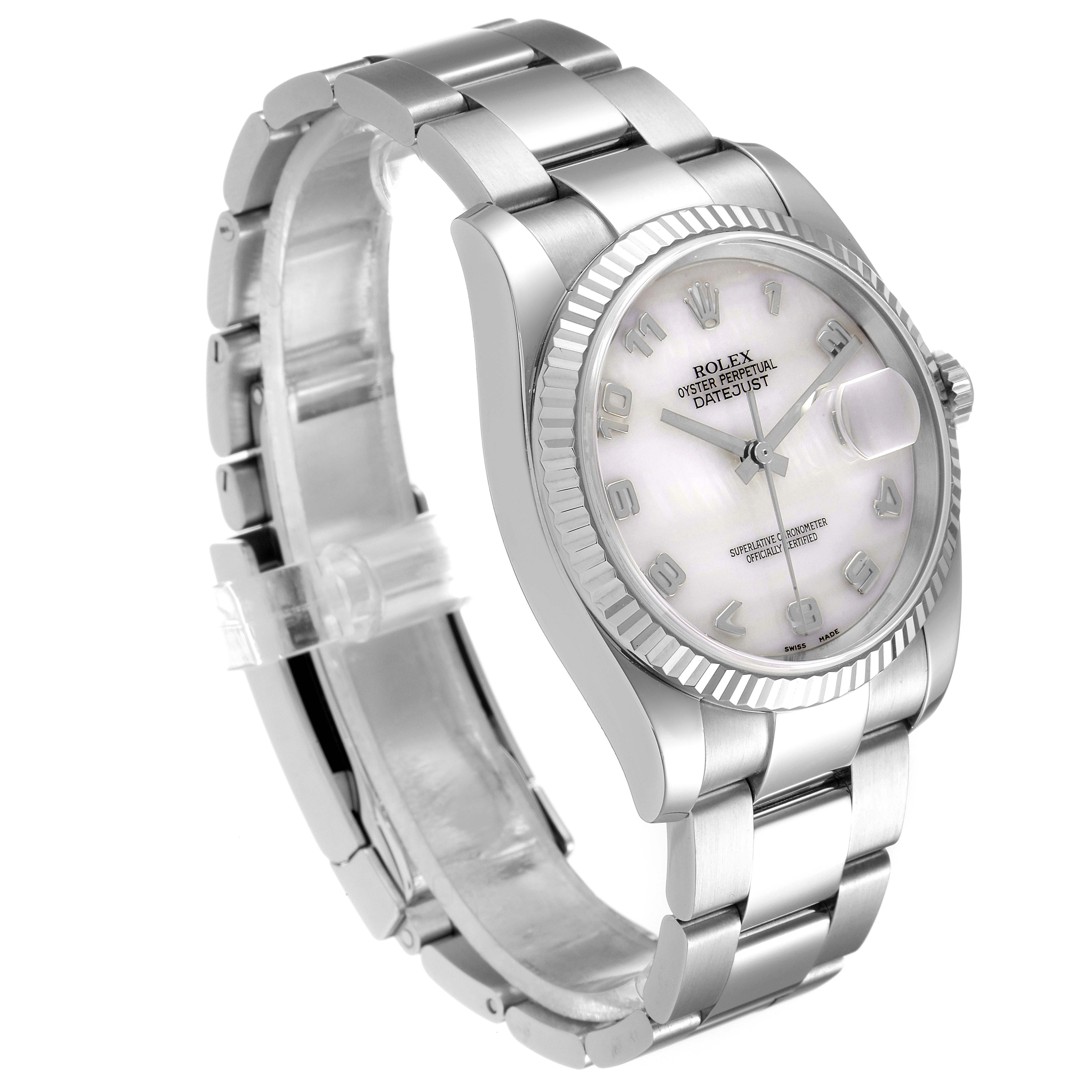 The image shows a Rolex Datejust 116234 Men
s Stainless Steel Mother of Pearl Dial 116234 Men
s Stainless Steel Mother of Pearl Dial watch angled to display the face, bezel, crown, and bracelet.