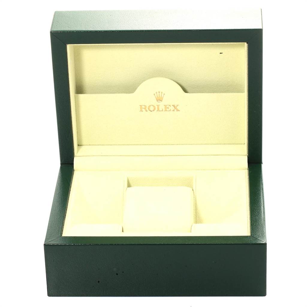 This image shows an open green box for a Rolex Datejust 116234 Men
s Stainless Steel Mother of Pearl Dial 116234 Men
s Stainless Steel Mother of Pearl Dial model, designed to hold the watch securely.