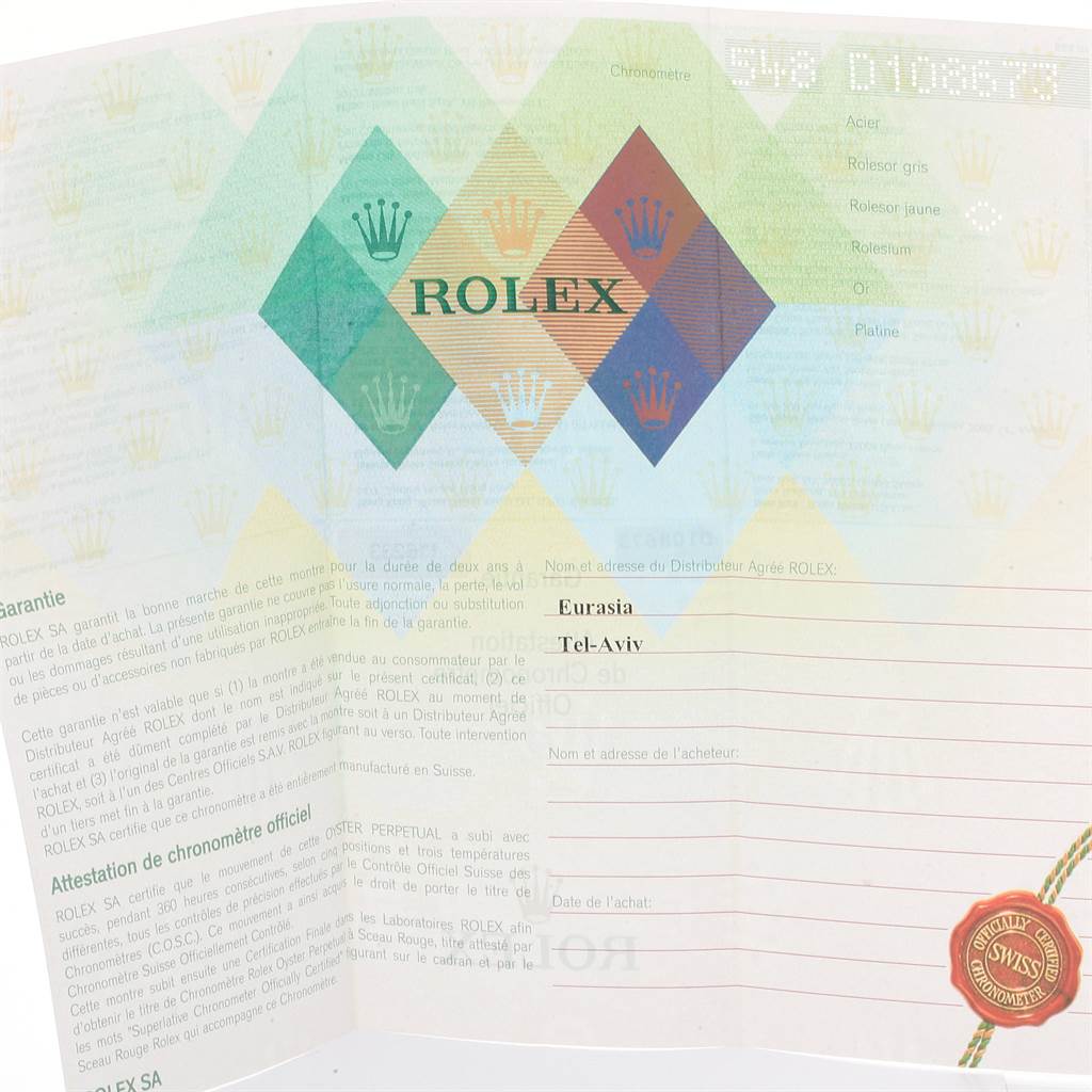 This image shows the warranty card for the Rolex Datejust 116233 Men's Stainless Steel Blue Dial 116233 Men's Stainless Steel Blue Dial model.