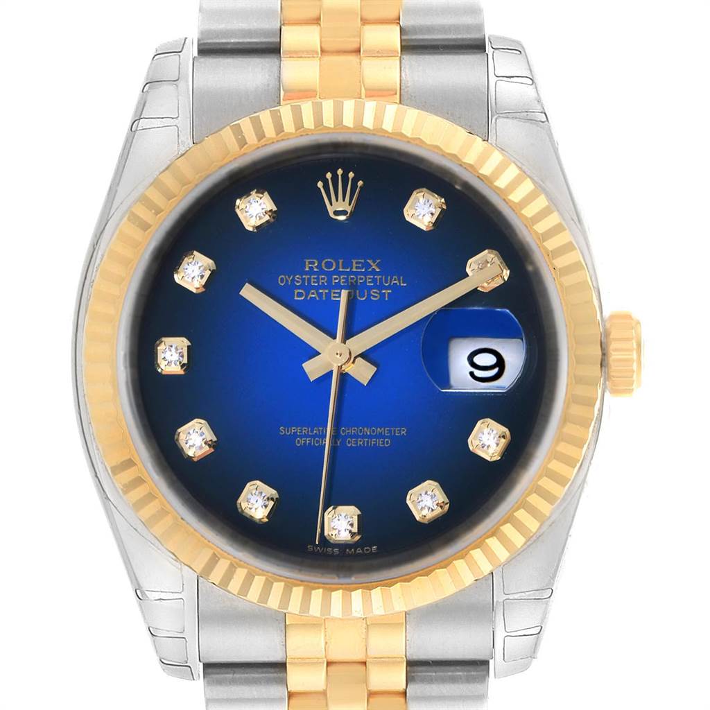 The image shows a frontal view of a Rolex Datejust 116233 Men's Stainless Steel Blue Dial 116233 Men's Stainless Steel Blue Dial watch, highlighting the face, bezel, crown, and part of the bracelet.