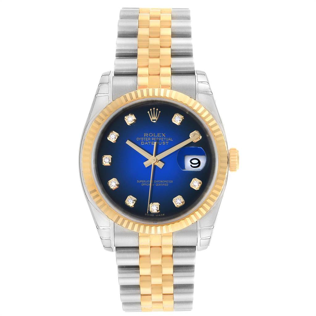 This Rolex Datejust 116233 Men's Stainless Steel Blue Dial 116233 Men's Stainless Steel Blue Dial watch is shown from a top-down angle, displaying the dial, bezel, and full bracelet.