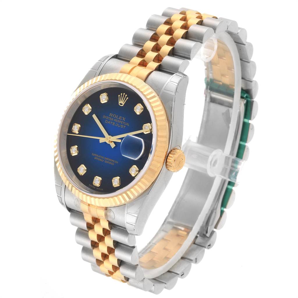 This image shows a Rolex Datejust 116233 Men's Stainless Steel Blue Dial 116233 Men's Stainless Steel Blue Dial model watch at a three-quarter angle, highlighting its two-tone bracelet, blue dial, and bezel.