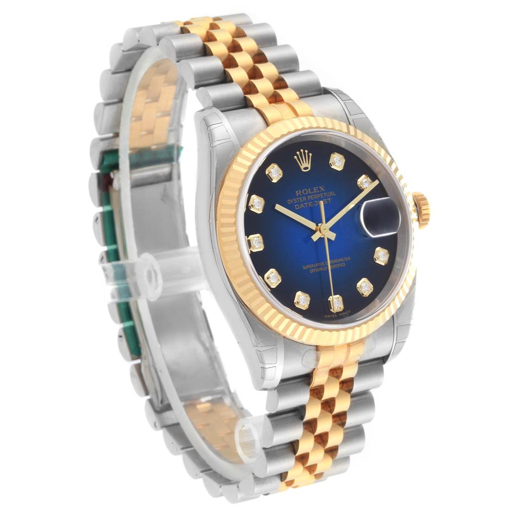 This Rolex Datejust 116233 Men's Stainless Steel Blue Dial 116233 Men's Stainless Steel Blue Dial watch is shown at an angle displaying the dial, bezel, and partial bracelet.