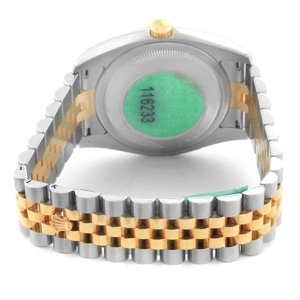 The image shows the back case and jubilee bracelet of a Rolex Datejust 116233 Men's Stainless Steel Blue Dial 116233 Men's Stainless Steel Blue Dial watch, taken from the rear angle.