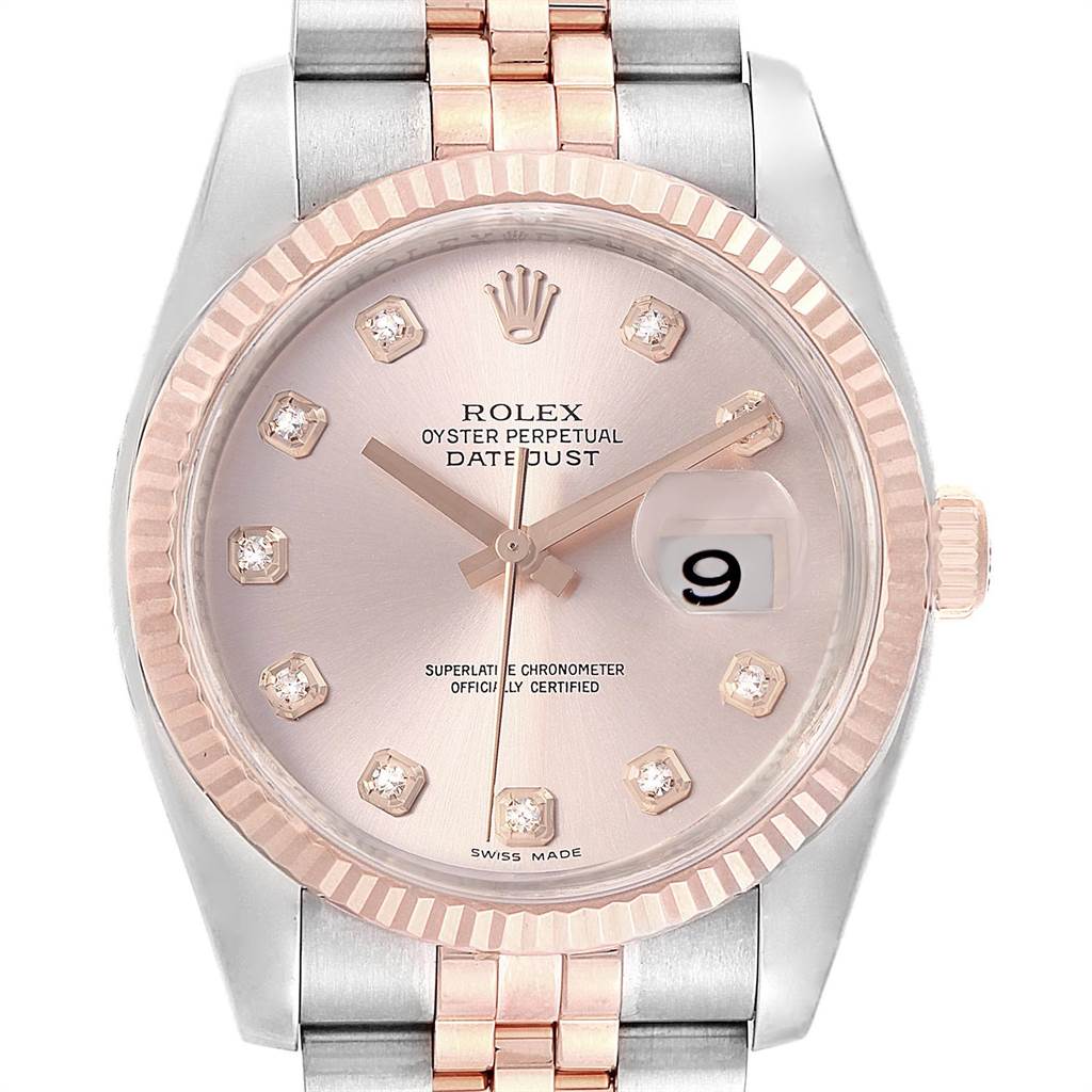This image shows a frontal view of the Rolex Datejust 116231 Men's Steel and Gold (two tone) Pink Dial 116231 Men's Steel and Gold (two tone) Pink Dial watch, highlighting the dial, bezel, crown, and part of the bracelet.