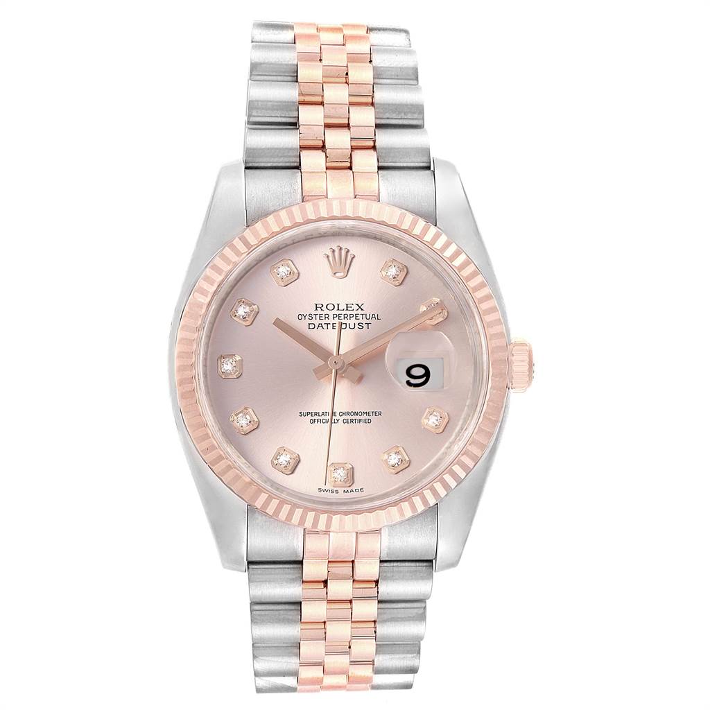 This image shows a front view of a Rolex Datejust 116231 Men's Steel and Gold (two tone) Pink Dial 116231 Men's Steel and Gold (two tone) Pink Dial watch with a fluted bezel, two-tone bracelet, and a pink dial with diamond hour markers.
