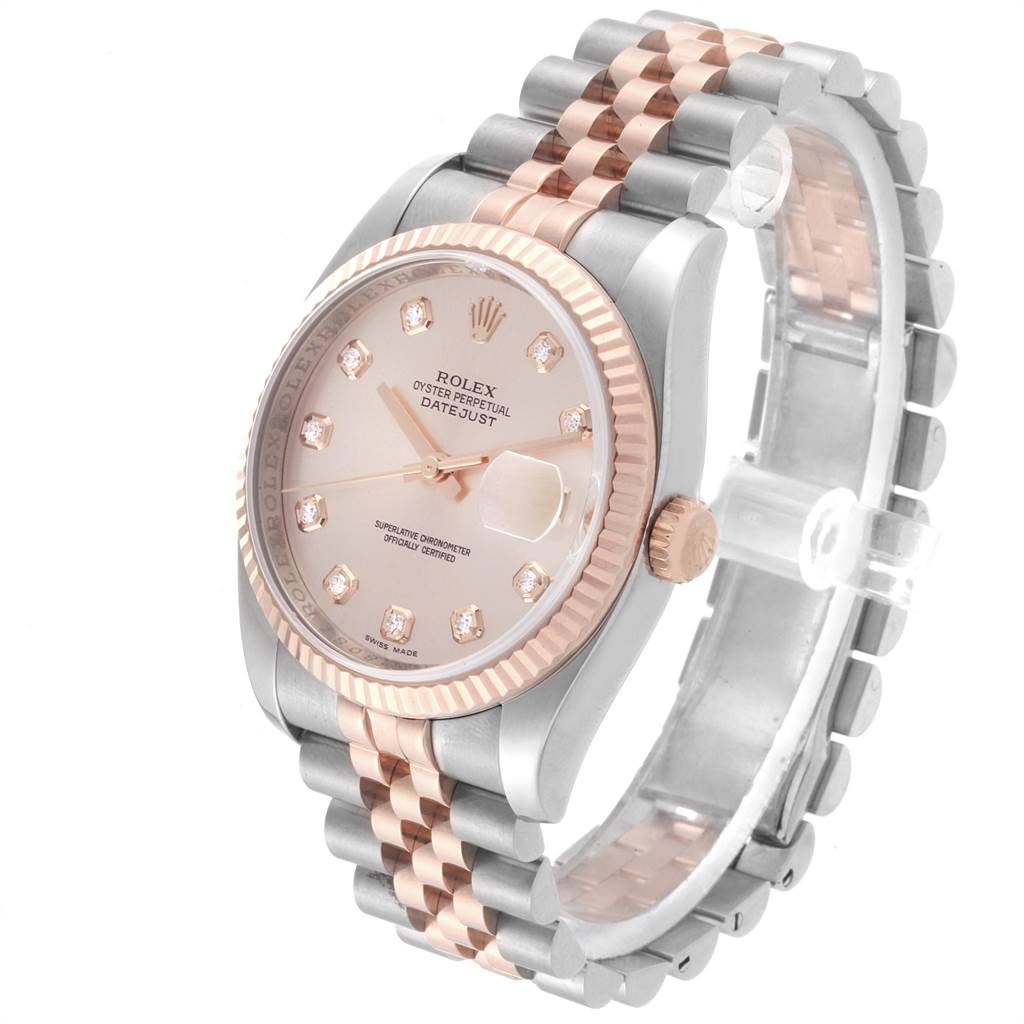 This Rolex Datejust 116231 Men's Steel and Gold (two tone) Pink Dial 116231 Men's Steel and Gold (two tone) Pink Dial watch is shown at an angled view highlighting its pink dial, fluted bezel, and two-tone bracelet.