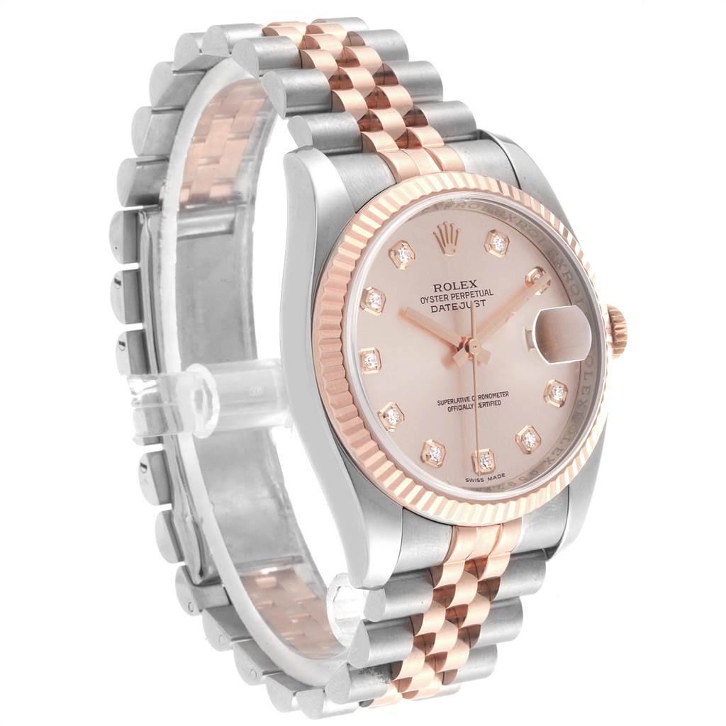 The image shows the front and left side of a Rolex Datejust 116231 Men's Steel and Gold (two tone) Pink Dial 116231 Men's Steel and Gold (two tone) Pink Dial watch, highlighting its dial, bezel, and two-tone bracelet.