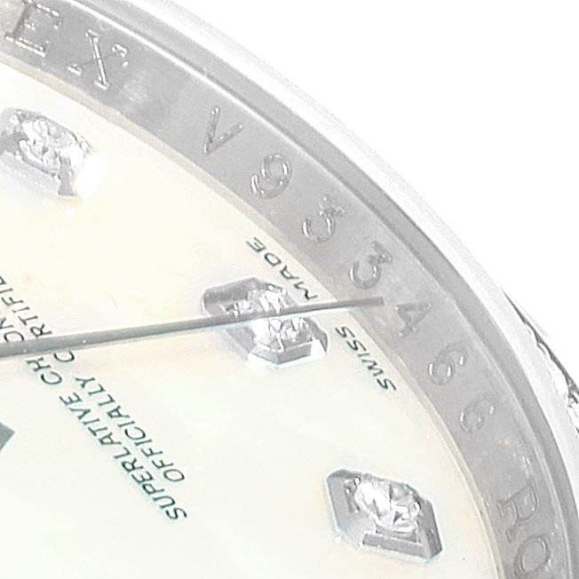 The image shows a close-up of the Rolex Datejust 116244 Men's Stainless Steel Mother of Pearl Dial 116244 Men's Stainless Steel Mother of Pearl Dial model, focusing on part of the dial, bezel, and diamonds as hour markers.