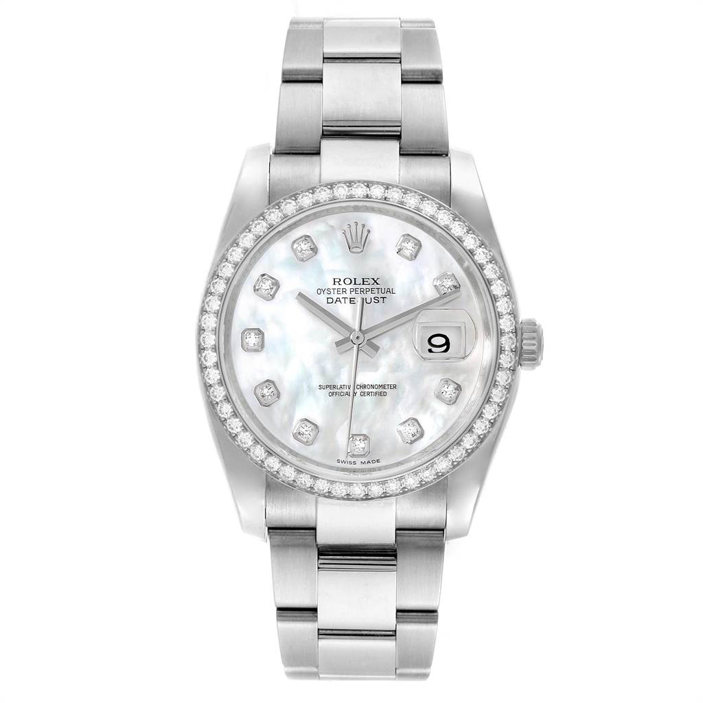 This image shows the front view of a Rolex Datejust 116244 Men's Stainless Steel Mother of Pearl Dial 116244 Men's Stainless Steel Mother of Pearl Dial watch, displaying the dial, bezel, and bracelet.
